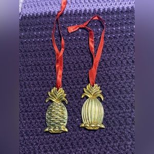 Gold Pineapple Holiday Ornament with Red Ribbon - Decorative Home Accent